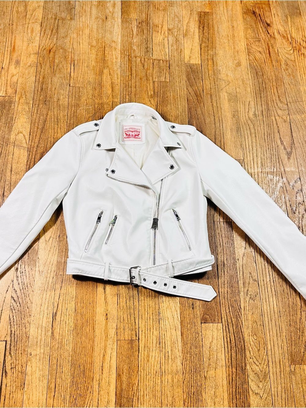 Levi's White Women's Biker faux  Leather Jacket with Belt